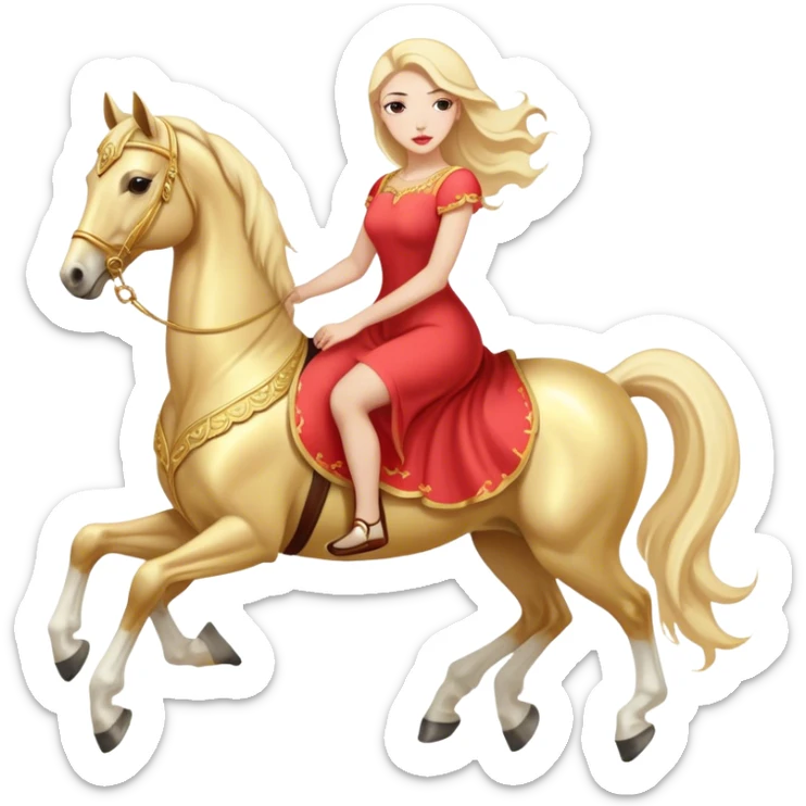 "woman, in long slim pastel red", rides "horse gold and white" sticker