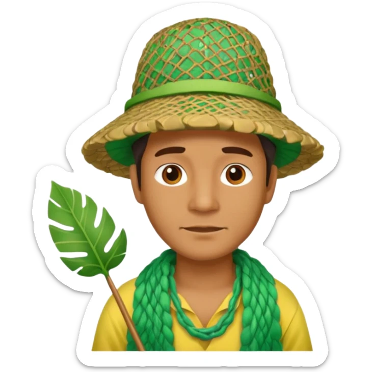 Hawaiian man with colorful cloth and leaf hat green and fishing net sticker