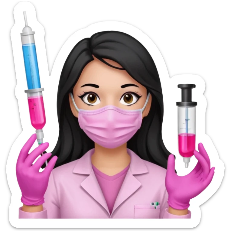 laboratorista con guantes rosa y mascarilla rosa  jeringa tubo laboratorio sin lentes  y  ojos negro cabello largo negro sticker