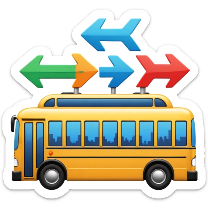 a sleek bus with three colorful arrow signs pointing to city icons, colorful Apple-style emoji look sticker