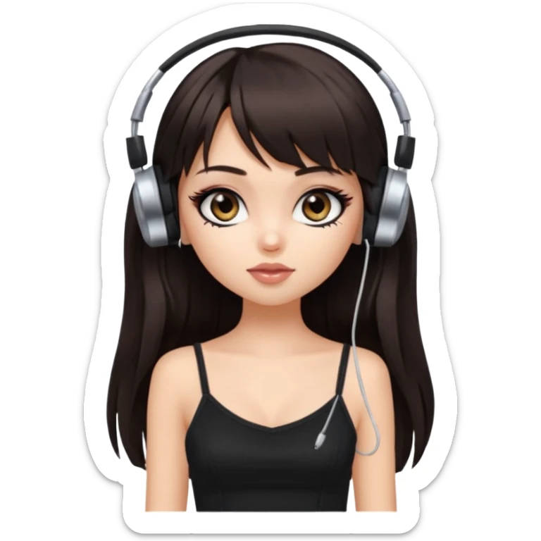 generate a pretty bratz girl in black cami top, dark brown straight long hair with bangs, eyeliner on, listeninh to music sticker