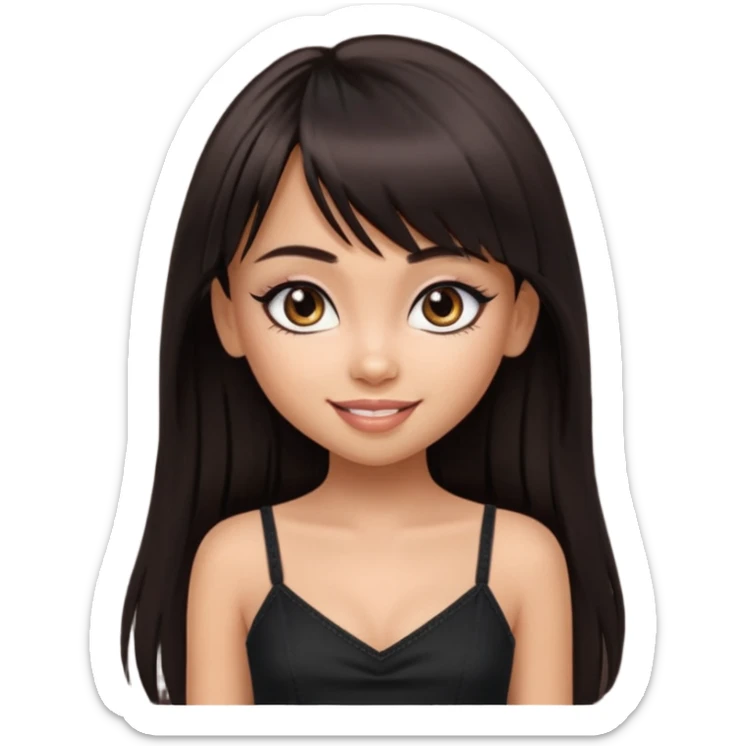 generate a pretty bratz girl in black cami top, dark brown straight long hair with bangs, eyeliner on. dark brown eyes sticker
