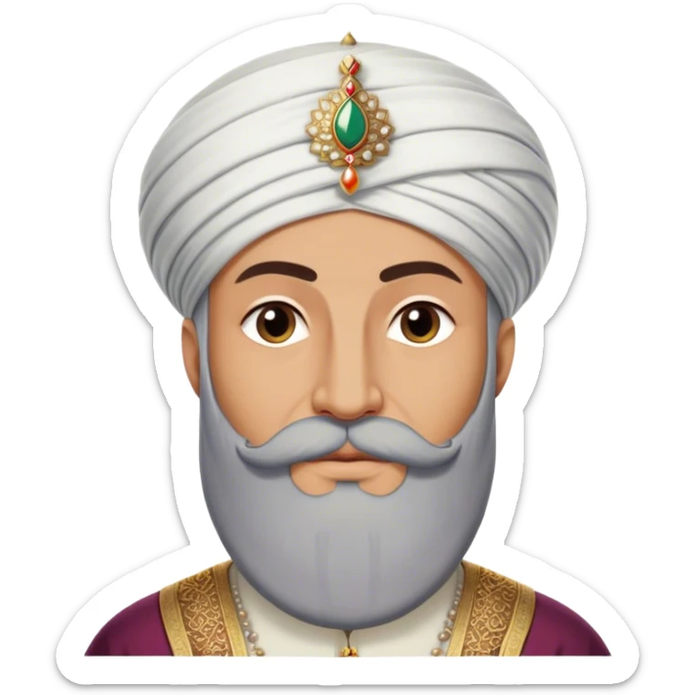​Cinematic Realistic Portrait of Suleiman the Magnificent, depicted as a regal Ottoman sultan adorned with a large, white, round, tall turban and a majestic grey beard, his commanding gaze bathed in warm, historic lighting that exudes timeless authority and grandeur, sticker