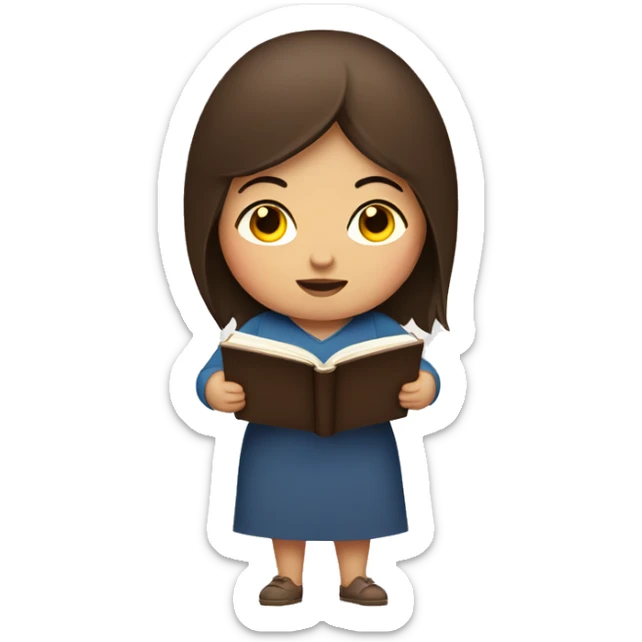 A Chubby woman with straight brown hair and dark brown eyes reading a book  sticker