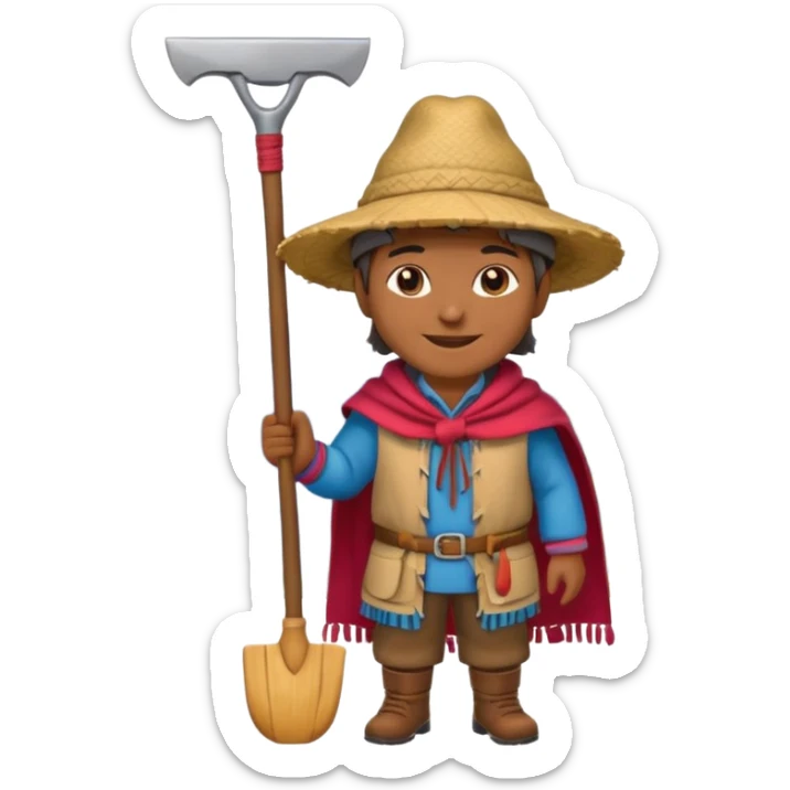 3D emoji style illustration of a Peruvian Andean farmer, wearing traditional chullo hat and poncho, holding a hoe, smiling, mountains in background, bright natural colors, bold outlines, glossy sticker style, transparent background sticker