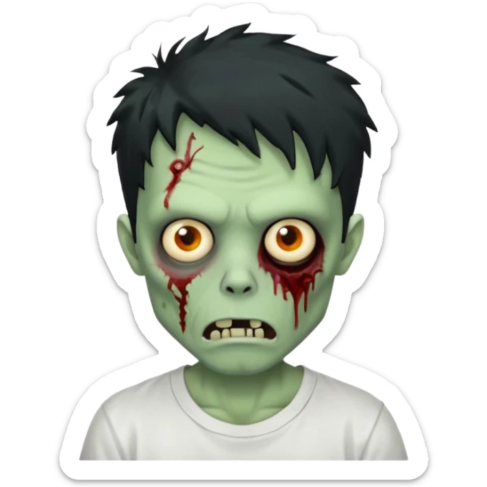 Rosto de frente classico de zombie boca meio torta cabelos medios pretos bagunçados low fade com pele verde clara camiseta branca sticker