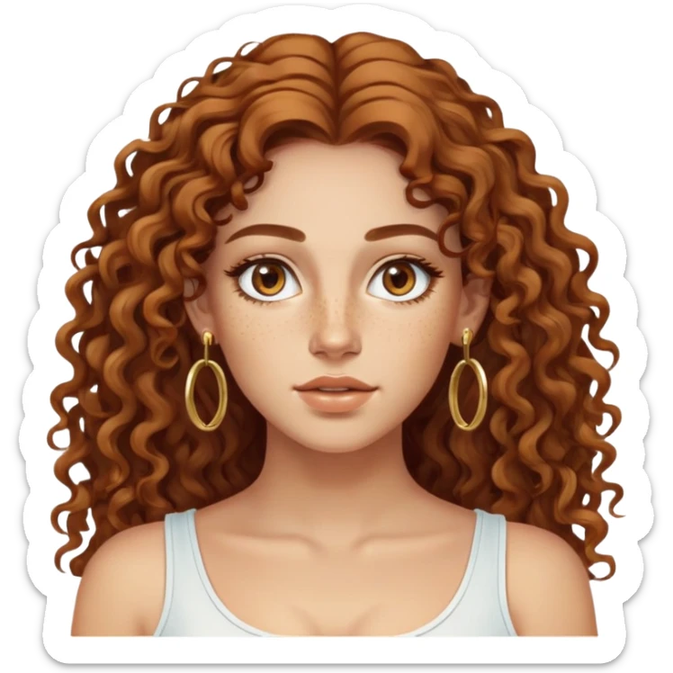 Attractive Greek woman with a wide face, freckles, long curly amber-brown hair and gold hoop earrings sticker