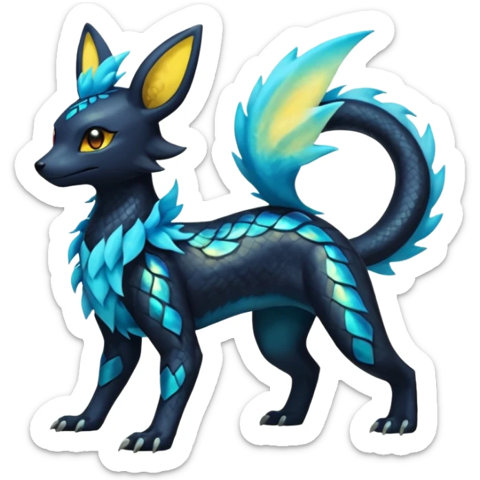 Shiny Iridescent Helioptile-Salandit-Umbreon-Flareon-Jolteon-Fakémon-hybrid-creature (full body)  sticker