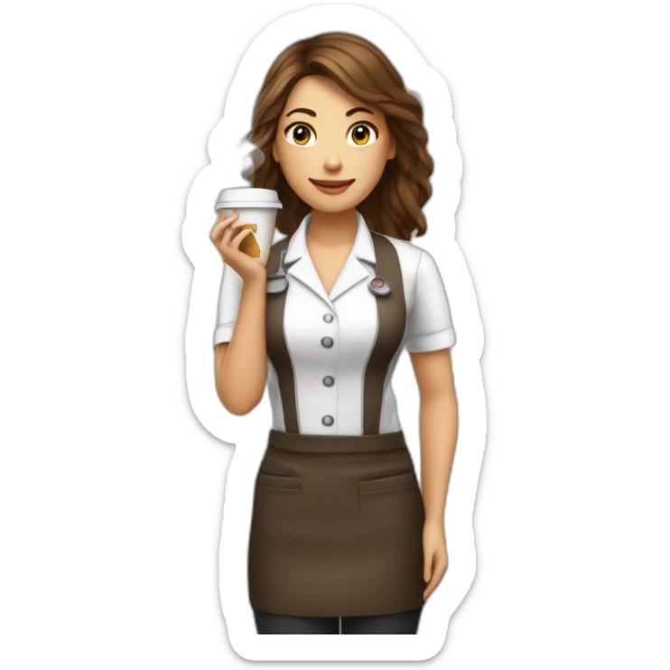Female barista wear uniform and stand near coffee shop with cup of coffee and a cigarette sticker