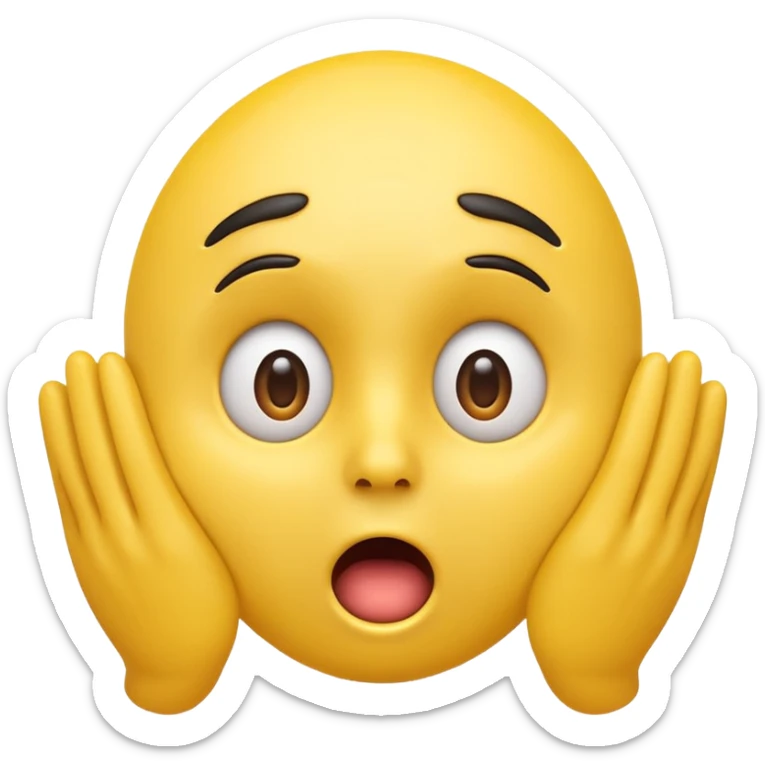 A 3D glossy yellow emoji of a shocked horrified face, with mouth and eyes are wide open, eyebrows  raised, and hands against their face, black background, high quality, soft studio lighting sticker