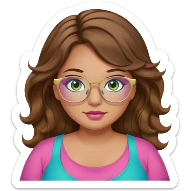 Girl girl long wavy brown hair, green/blue/gold eyes, plus size, pink girly top, eyelashes, tan skin, gold glasses sticker