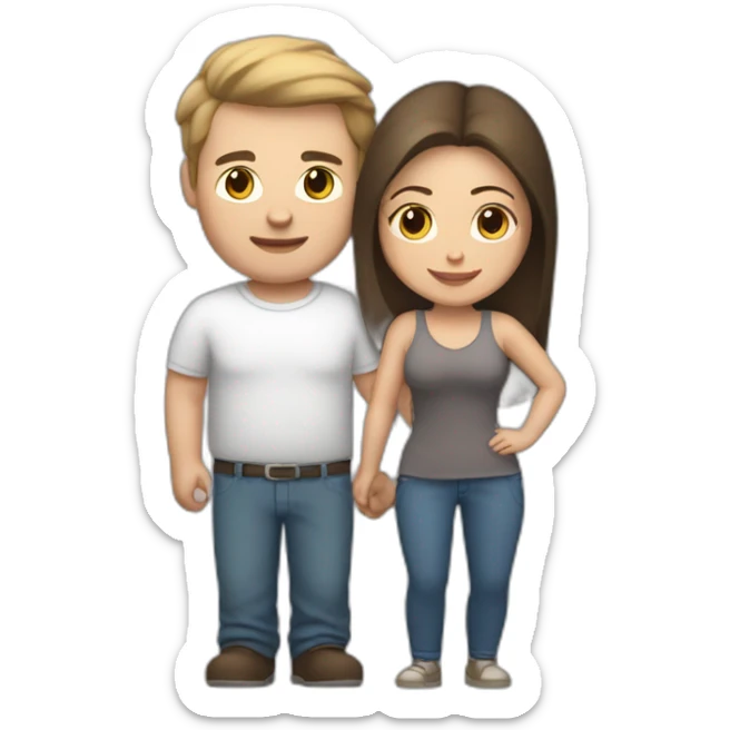 white brun man and brunette woman with a fat gray cat in their arms sticker