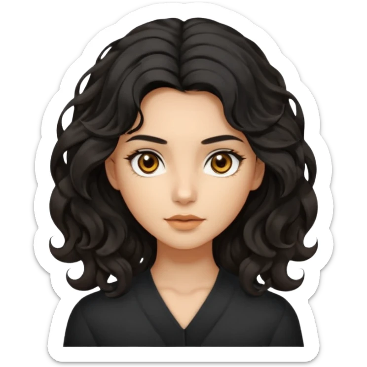 this avatar of girl has shoulder-length black wavy hair with loose curls framing the face, and a long, pointed face with golden-brown eyes and a calm, neutral expression. sticker