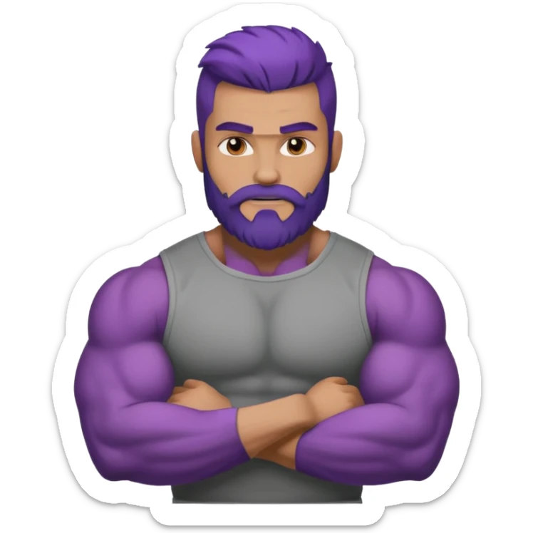 strong muscular man with big bicepts with half dark brown and half purple hair with beard sticker