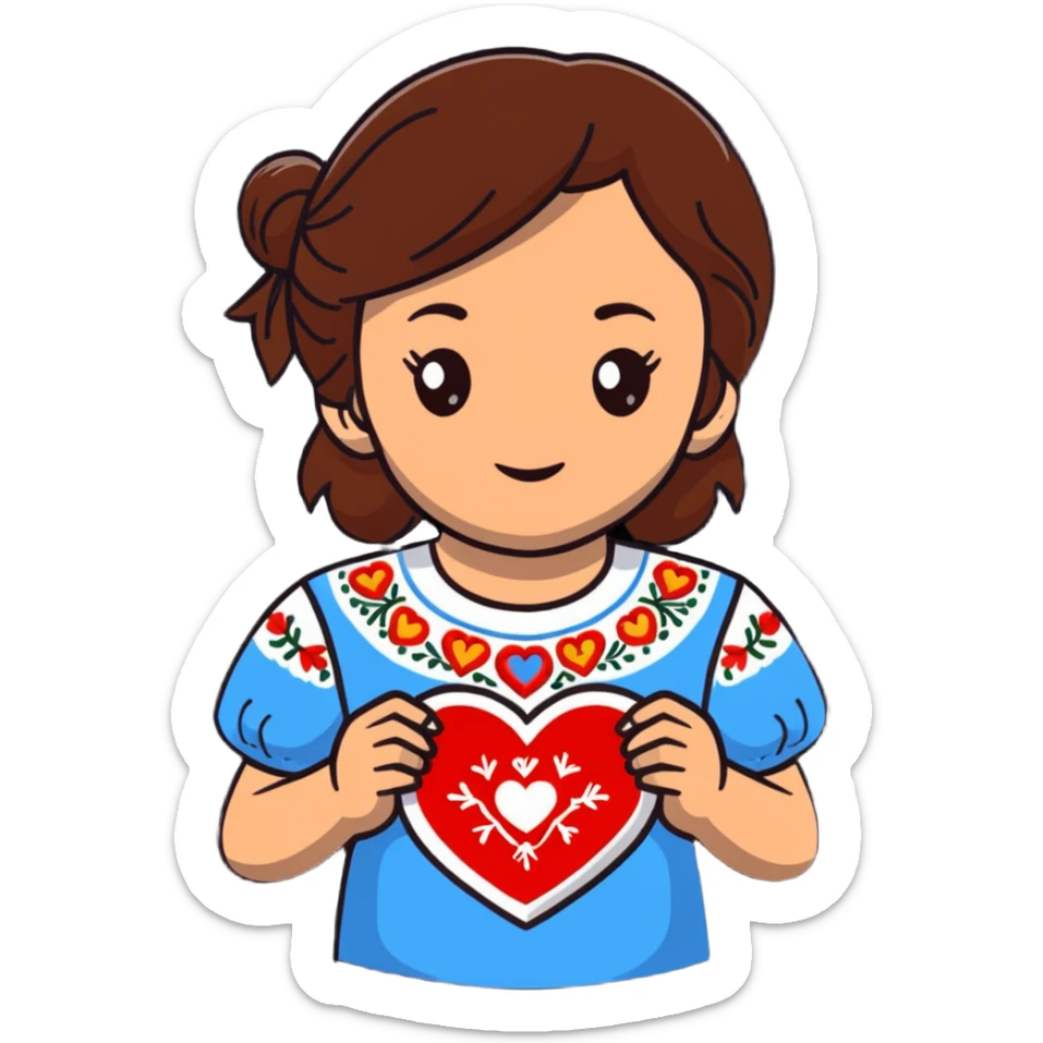 A beautiful young girl with brown hair in a Ukrainian embroidered shirt is holding a large embroidered heart sticker