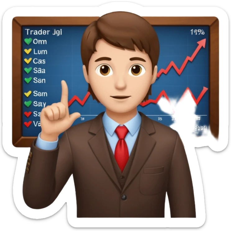 Mach mir einen Typen mit braunen haaren der an der börse als trader arbeitet der mit einer hand so von vorne nach rechts zeigt sticker