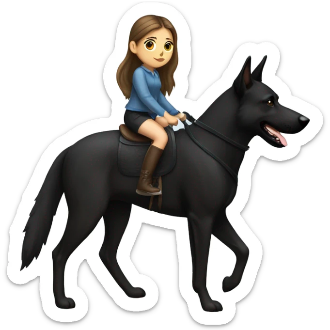Brown hair girl in ponytail riding black German shepherd like horse sticker