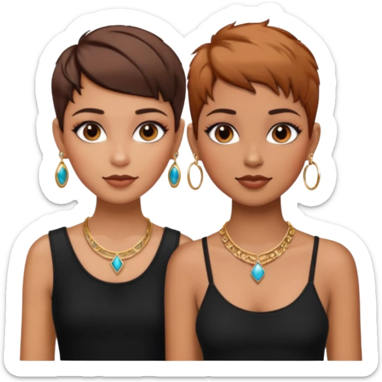 Puerto Rican fair skin straight brown pixie cut hair with hoop earrings make up and my best friend brown  colored pixie cut with jewelry and makeup on her caramel color face besties side-by-side wearing black  sticker