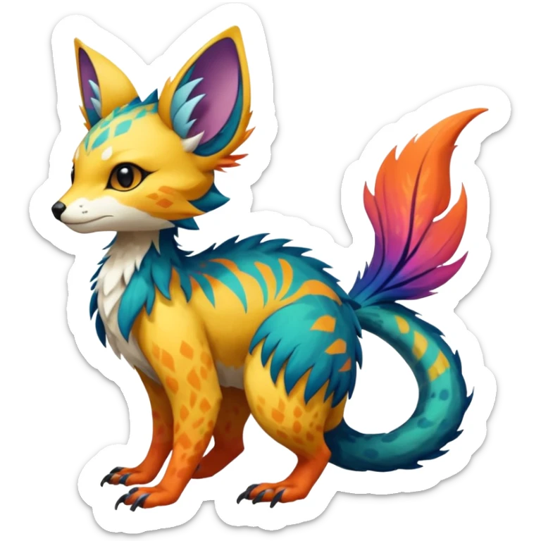 Beautiful pretty cool edgy elegant realistic Feral Rare Fantasy colorful vibrant Vernid-Trico-species-Fakemon-creature by LiLaiRa, random markings, tufted tail, tufted ears, full body sticker