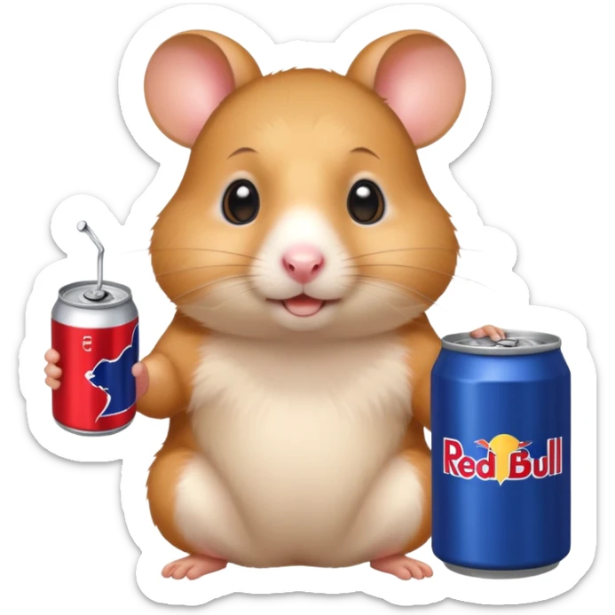 Funny hamster wide eyed with a can of redbull sticker