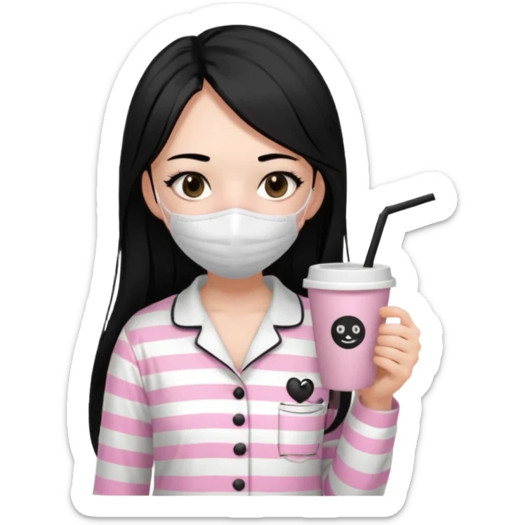chica de pelo lacio color negro cabellera larga piyama blanca con rayas rosa claras peo no tan claras no oscuras el bordado es negro al igual que los botones )tiene una mascarilla para la carablanca y sostiene y cafe con bolitas nedras al dondo con unsorbete tranparente y es de test blanca  sticker