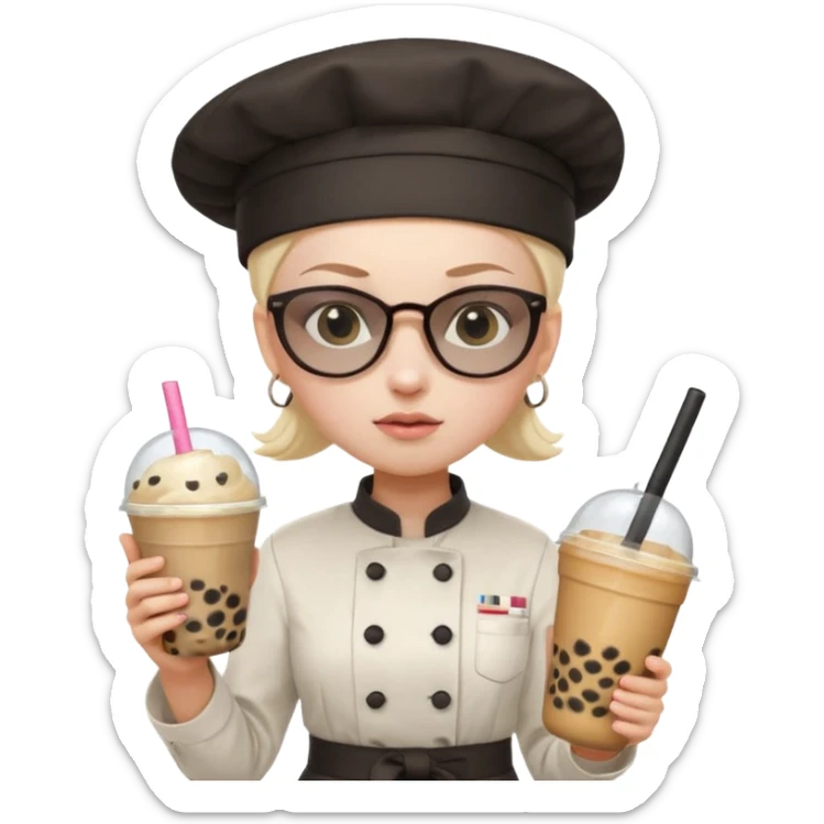 A Angry Teen Female with Pale skin and Bald, wearing a Uniform outfit, a Chef hat, Sunglasses, carrying a Wand, working as a scientist, while drinking Bubble tea and reading a Book.
 sticker