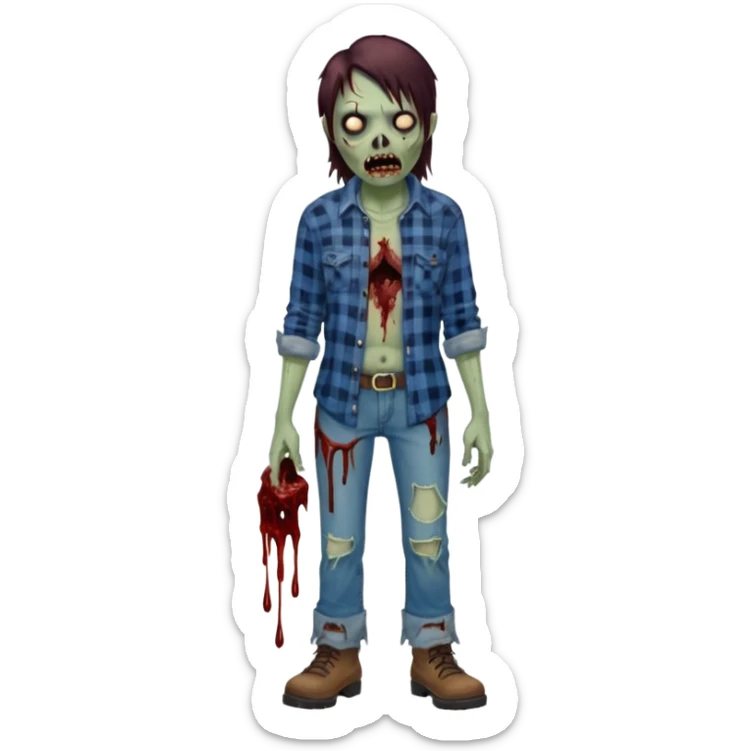 Local alaskan who has turned it zombies in the style of the walking dead, with rotting flesh and dripping blood but distinctively Alaskan. In the style of your bleeding skull art but Alaskan zombie. Full body sticker