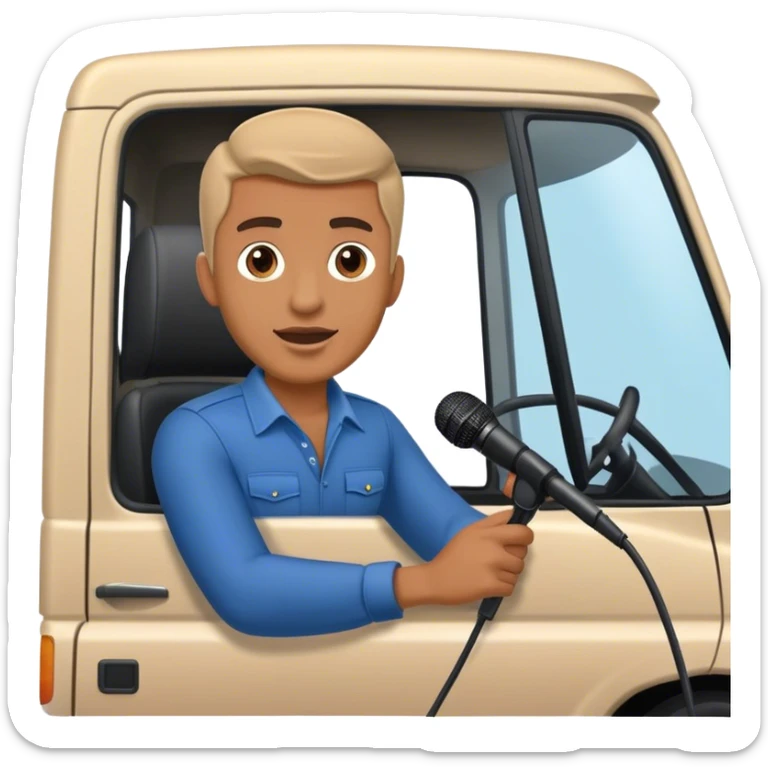 driver of a truck in front of a truck speaking to a microphone interview sticker