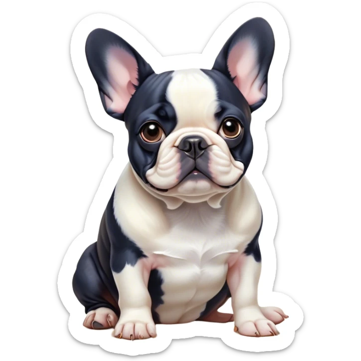 Cinematic Noble Pied French Bulldog Portrait Emoji, Radiating regal yet playful charm, with a distinctive pied fur of contrasting hues and a sculpted, expressive face featuring gentle, wise eyes and a confident stance, simplified yet artistically detailed, glowing with a soft, sophisticated radiance, high shine, exuding intelligent nobility and refined flair, soft glowing outline, capturing the essence of a noble Pied French Bulldog that embodies both strength and grace! sticker