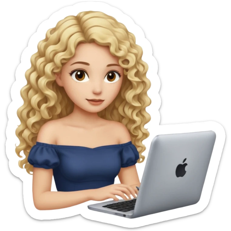 woman with long curly blond hair, brown eyes, wearing an off-shoulder top, on computer  sticker