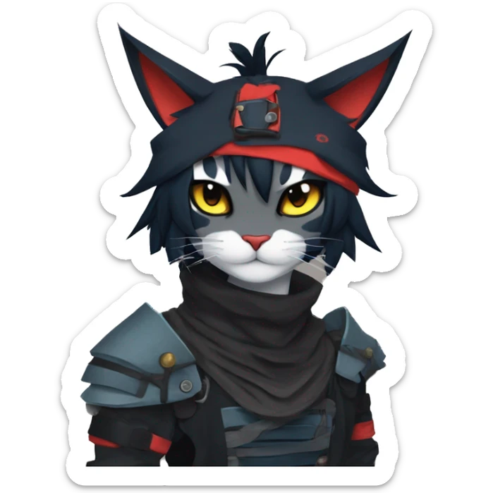 Edgy Shy Anthro Samurai cool pretty dark Litten-Pokémon-cat-fursona-animal techwear bandana sticker