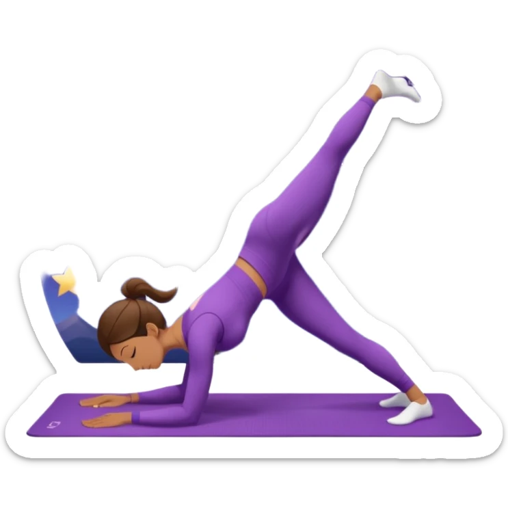 A woman wearing a purple yoga suit doing downward dog pose on a mat, pastel background with floating stars. sticker