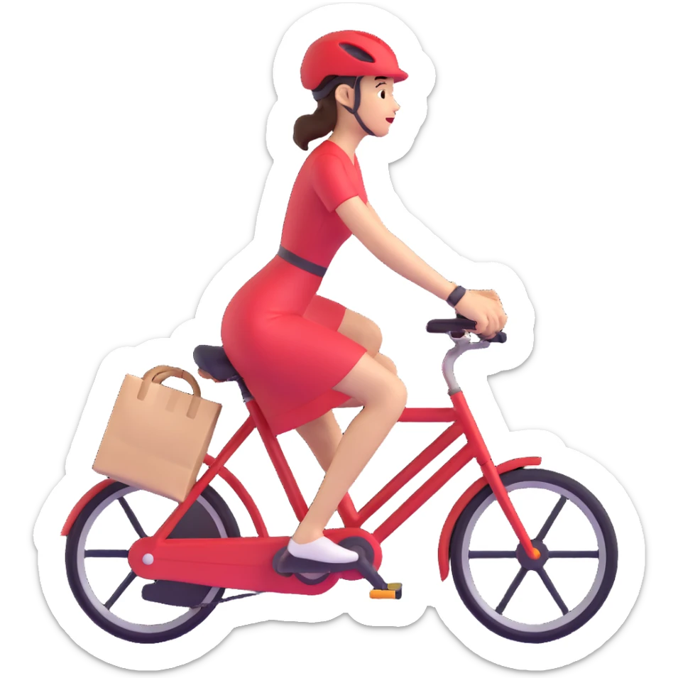 person in a bright red dress cycling quickly, holding a delivery bag, simple and bold sticker