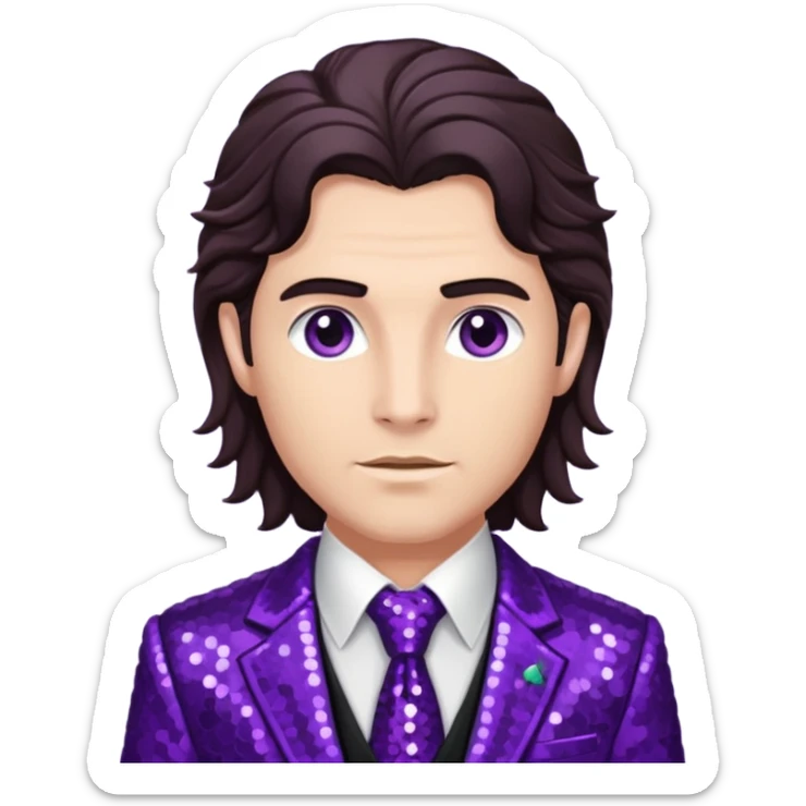 Dionysus from Greek Mythology with long dark brown hair, purple sequin suit jacket and tie, black shirt sticker