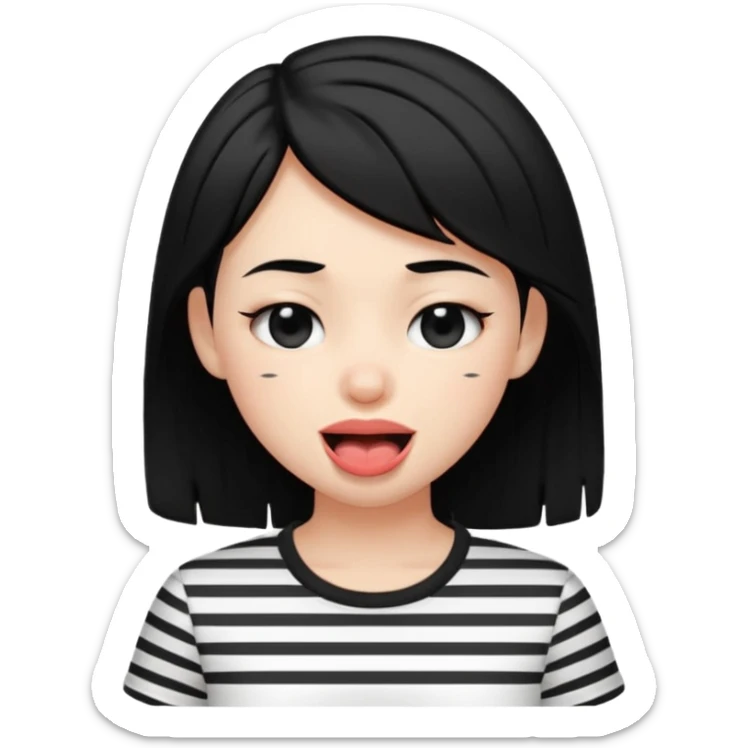 Black-haired girl, short to the neck, wearing white shirt with black stripes, With his head sideways, winking one eye, and sticking out his tongue  sticker