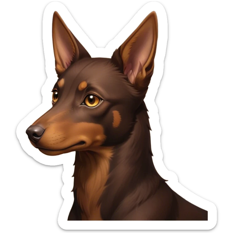 Cinematic Noble Brown and Tan Kelpie Portrait Emoji, Poised and regal, with a strong, agile build and a rich, well-groomed Fur of warm brown and tan, piercing warm eyes, Simplified yet sharp and sophisticated features, highly detailed, glowing with a soft, dignified glow, high shine, intelligent and energetic, stylized with an air of determination, focused and attentive, soft glowing outline, capturing the essence of a watchful and confident herder, so majestic it feels as though it could bound out of the screen with effortless authority! sticker