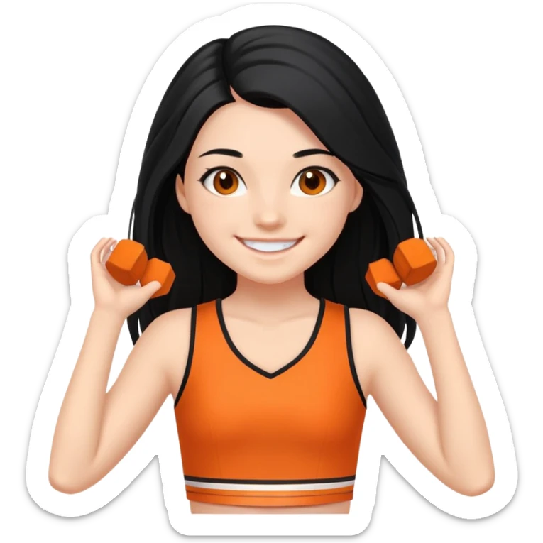 - Nữ
- 15 tuổi
- Da trắng
- Tóc dài, đen
- cười mỉm, mặt nhỏ nhắn dài
- Mặc áo cổ vũ cam
- ảnh chân dung, không cần tay sticker