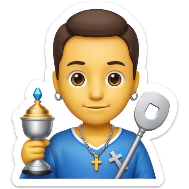 Labubu emoji with cross necklace hold a mini labubu with a blue Stanley cup sticker