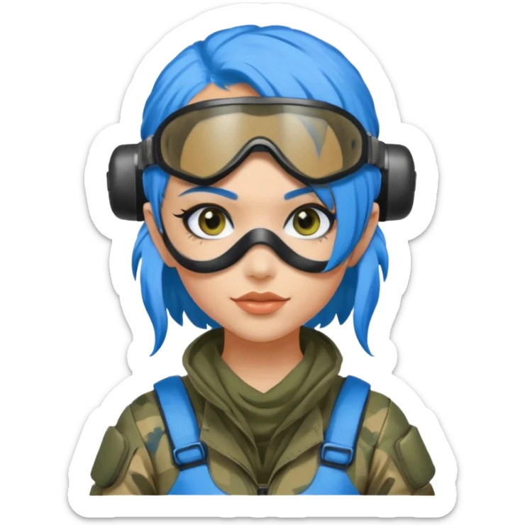 blue curly haired paintball playergirl with huge earrings, wearing paintball eye mask helmet sticker
