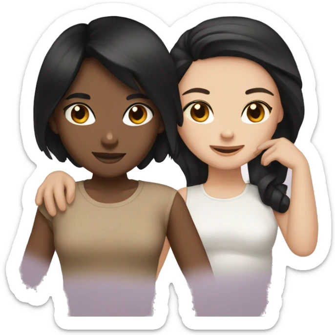 Two girls one with tan skin black hair one with white skin black hair in a brown BED  together   sticker