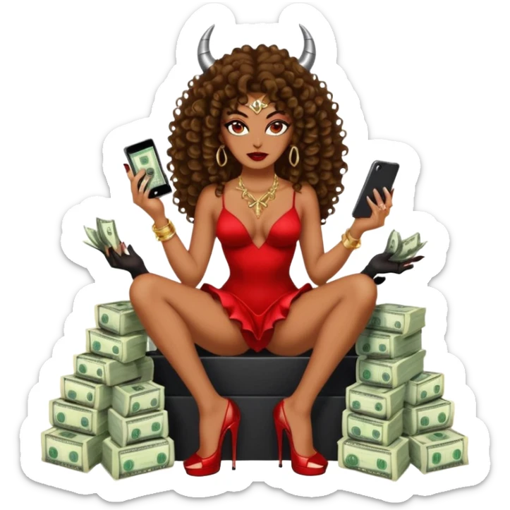 seductress evil brown curly haired sexy drug lord woman with  glitter platform high heels on her feet,  and devil black horns on her head, holding a stack of cash, has a phone in other hand. Sitting on  Cases of drugs. Goddess evil sticker