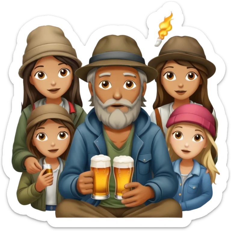 homeless man with a lot of girls a lot of beer and a joint sticker
