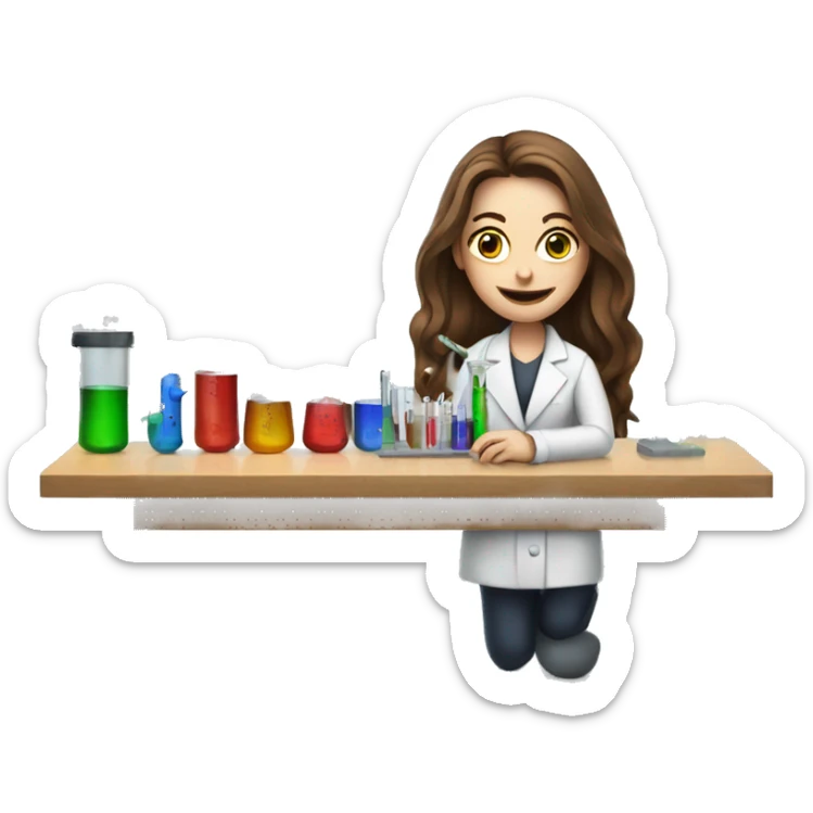 Pale woman with long brown hair at traditional lab bench with beakers and syringes  sticker