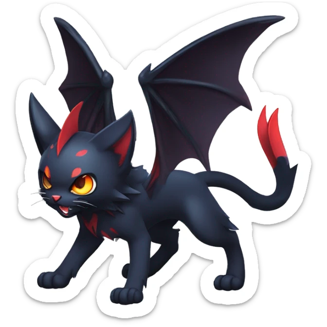  cool edgy beautiful fantasy anime-style dark animal vampiric Litten--cat-hybrid Fakemon with big fangs and bat-wing-ears full body sticker