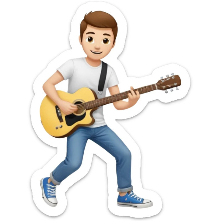 yellow skin Guy with brown hair, white tee, blue jeans and black converse playing a guitar sticker