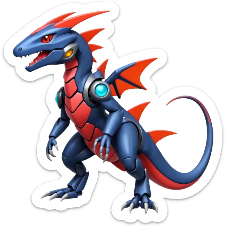Shiny futuristic colorful Heliolisk-Salandit-Cyclizar-Genesect-Pokémon, full body sticker