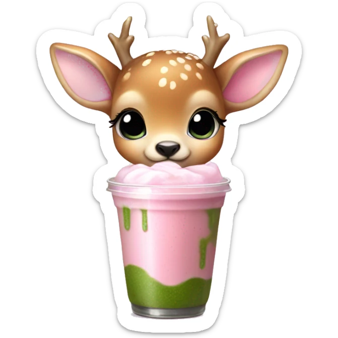 baby deer with fairy wings and a pink bow around its neck drinking iced matcha latte  sticker