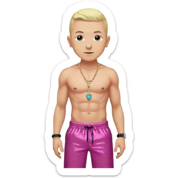 Chester Bennington with blonde hair, dark pink sequin baggy pants, shirtless with necklace  sticker