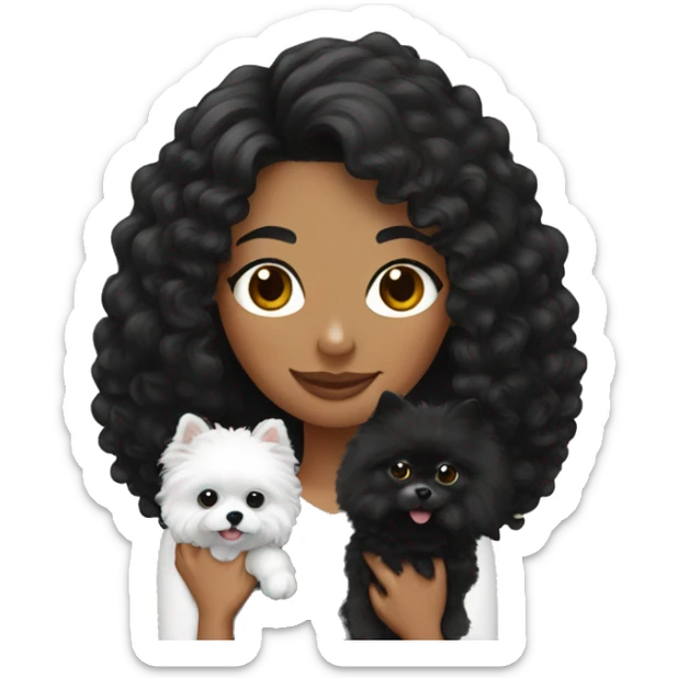 Woman with black curly hair holding black pomeranian sticker