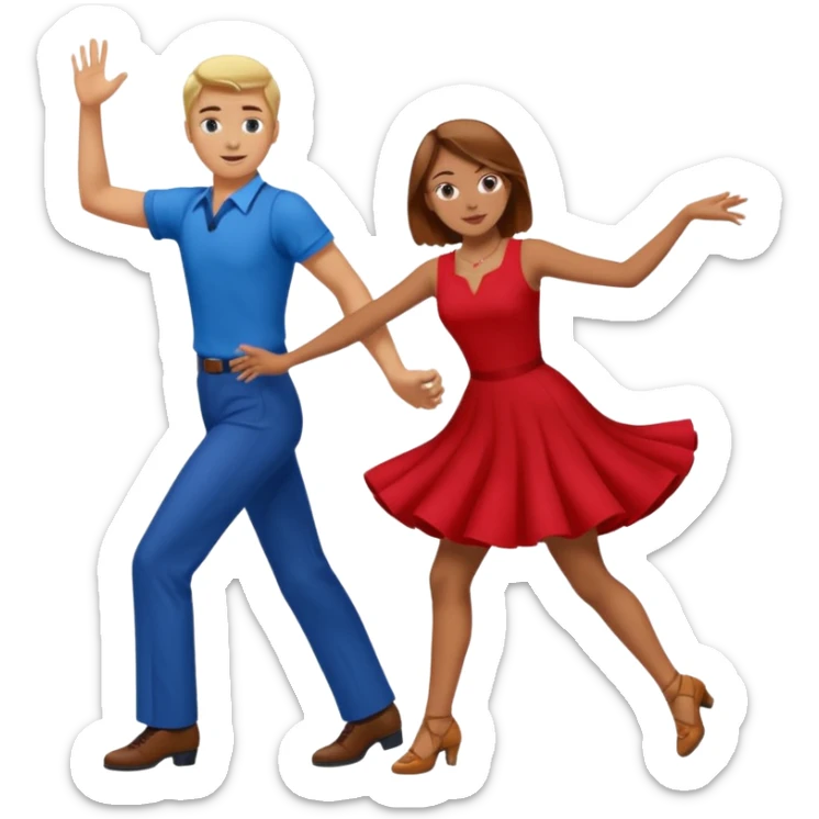 Two people. Man  wearing all red  with brown hair. Women iall blue with blond hair. Swing Dancing.  sticker